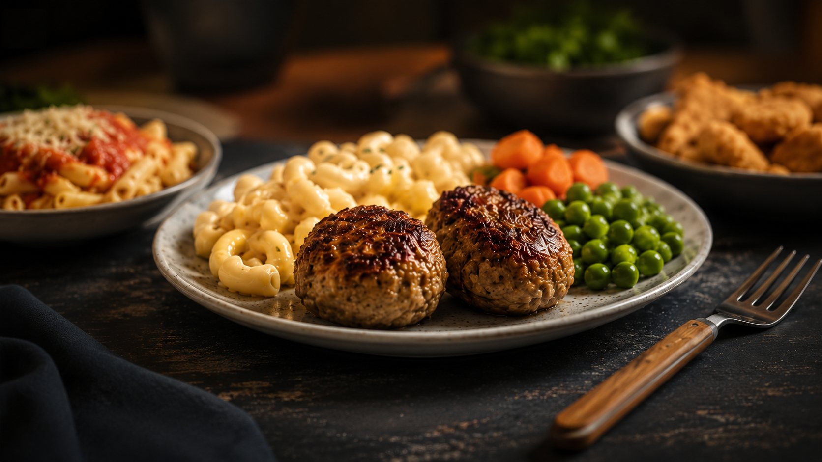 Frikadellen mit Mac & Cheese und Gemüse