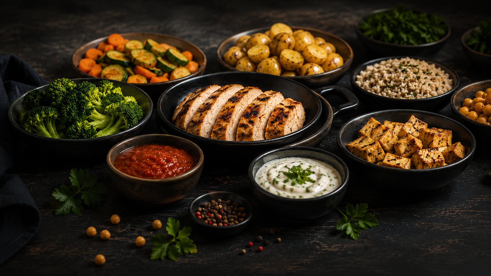 Vegane Bowls mit Tofu, Linsen und Penne