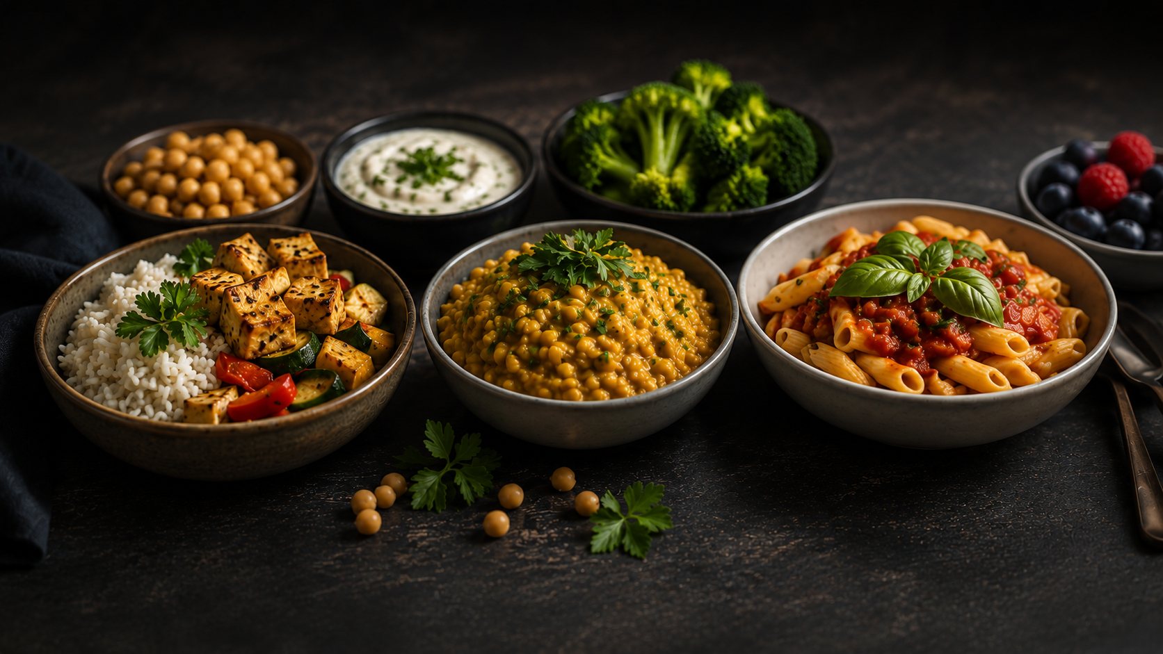 Hähnchen mit Gemüse, Kartoffeln und Tofu